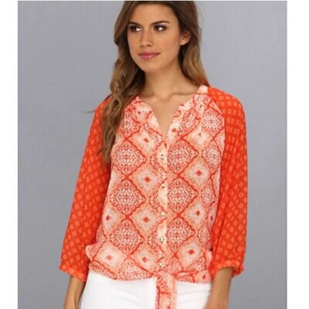 Kut From The Kloth | Orange Geometric Sheer Button Down Blouse - Picture 1 of 10